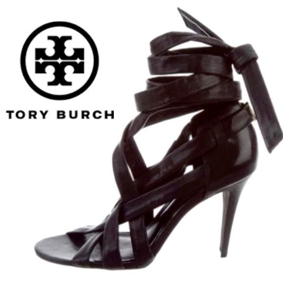 MTory Burch Black Wrap Up Heel Strap Heels Sandals - Picture 1 of 16